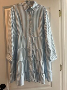 Amazon Light Blue and White Striped Long Sleeve Tiered Shirt Dress